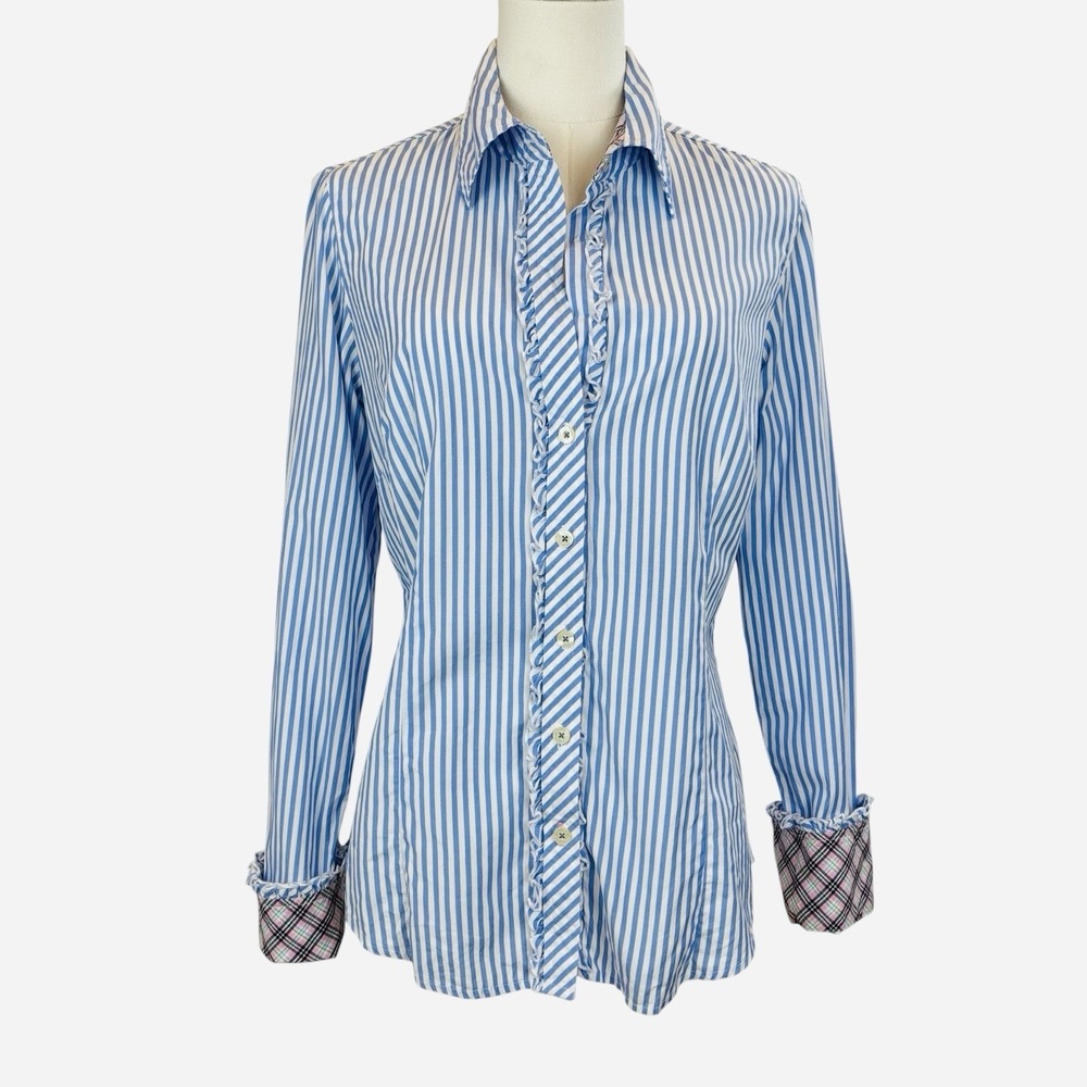LILLY PULITZER Sz 8 Blue White Button Up Stripe Shirt Ruffle Flip Cuff Fitted